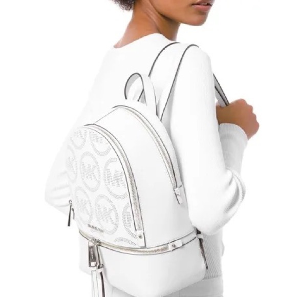 Michael Kors Rhea White/Silver Medium Leather Backpack - Picture 6 of 14